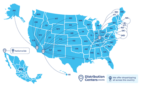 Map of the United States with distribution centers highlighted, featuring 'Nationwide' and 'Distribution Centers' text.